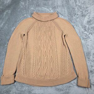 Talbots Sweater Medium P Petite Tan Cable Knit Preppy Feminine Portrait Collar